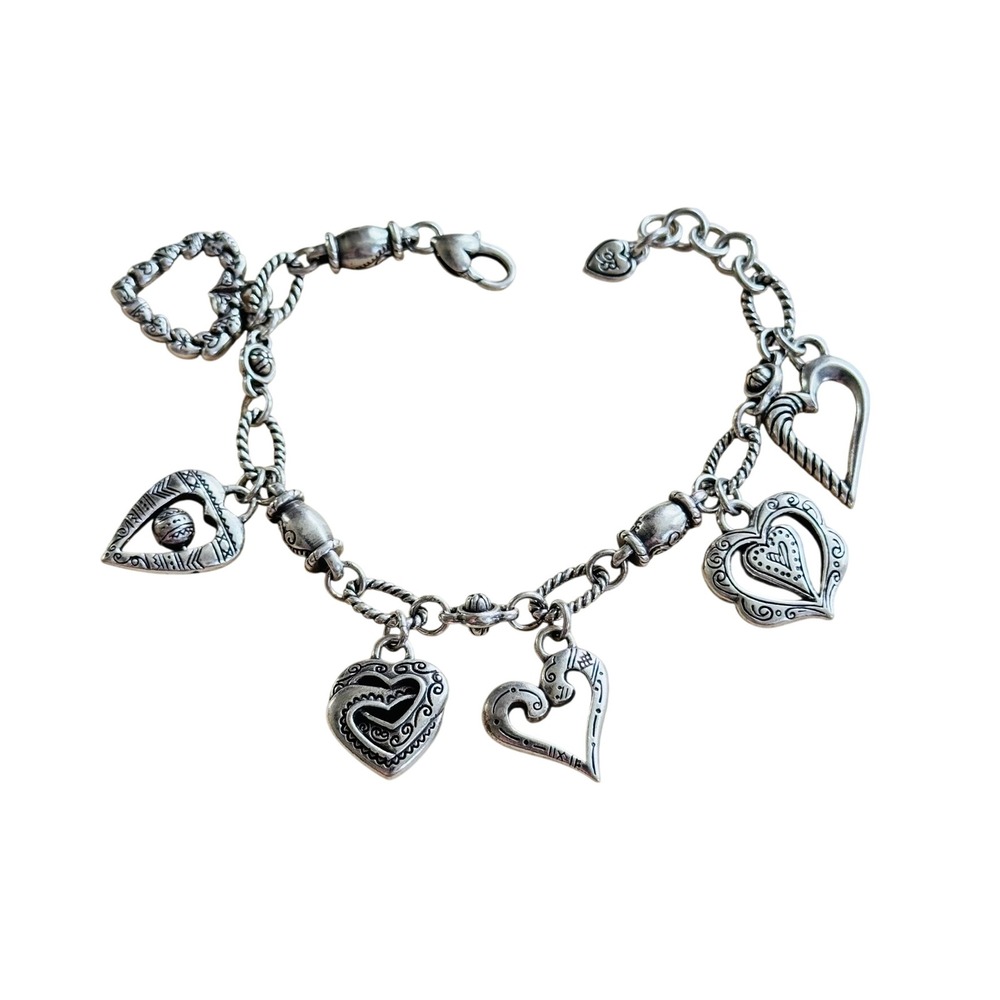 Brighton Retired L'Amore Heart Love Charm Bracelet Silver Plated Dangle Hearts